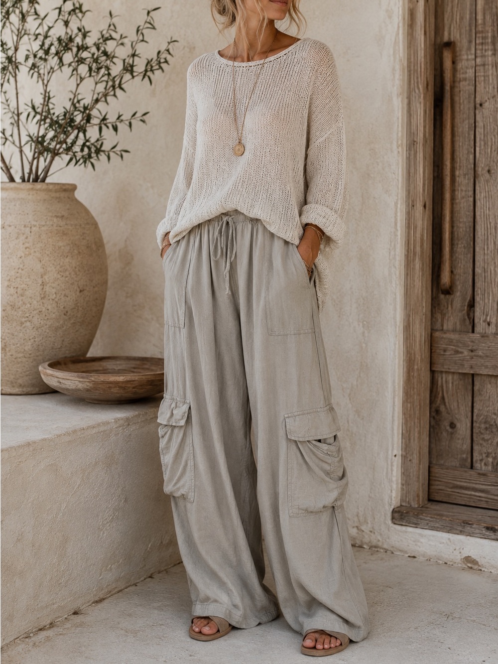 Rachel Paige Linen Blend Pull On Wide Leg Relaxed Utility Cargo Pants Tan Sz XL